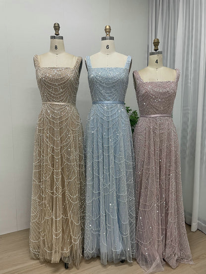 Blue Beaded A-Line Evening Gown - Square Neck Sequin Formal Dress MY30081