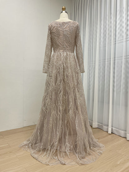 Pink Square Neck Long Sleeve Beaded A-Line Evening Gown Wedding Guest Dress MY30081L-3