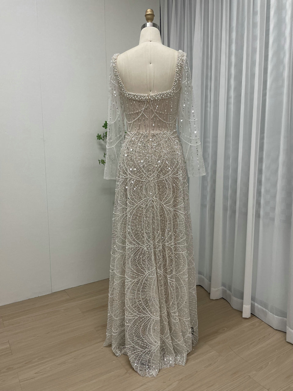 Modest Long Sleeve Square Neck Gown Beaded A-Line Formal Dress MY30081L