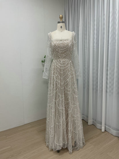 Modest Long Sleeve Square Neck Gown Beaded A-Line Formal Dress MY30081L