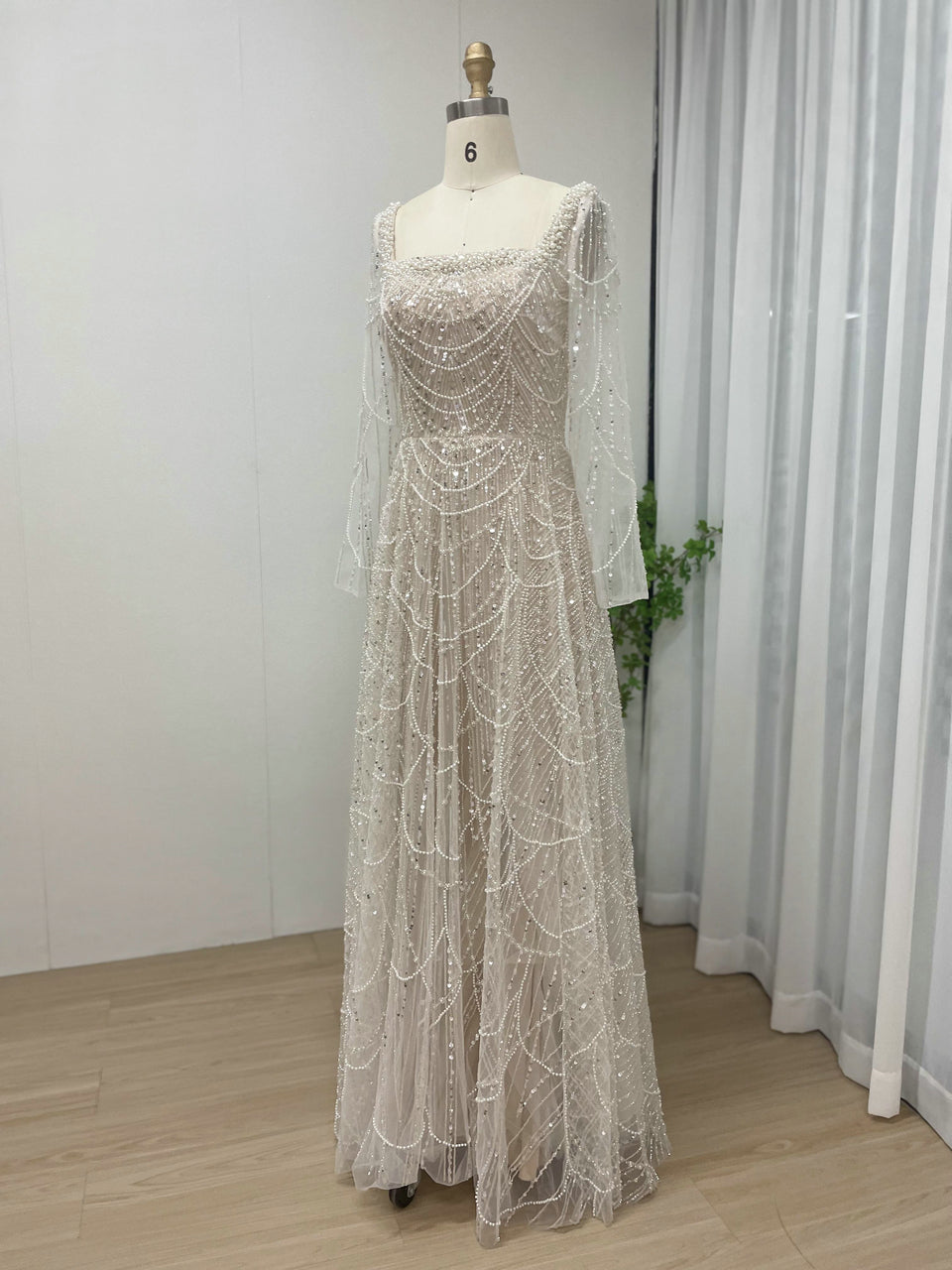 Modest Long Sleeve Square Neck Gown Beaded A-Line Formal Dress MY30081L