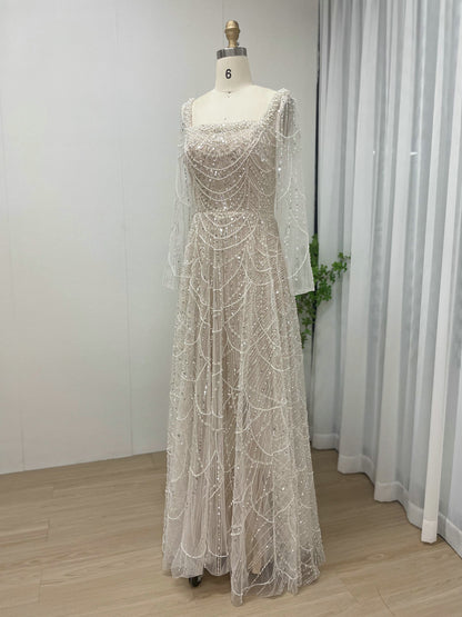 Modest Long Sleeve Square Neck Gown Beaded A-Line Formal Dress MY30081L