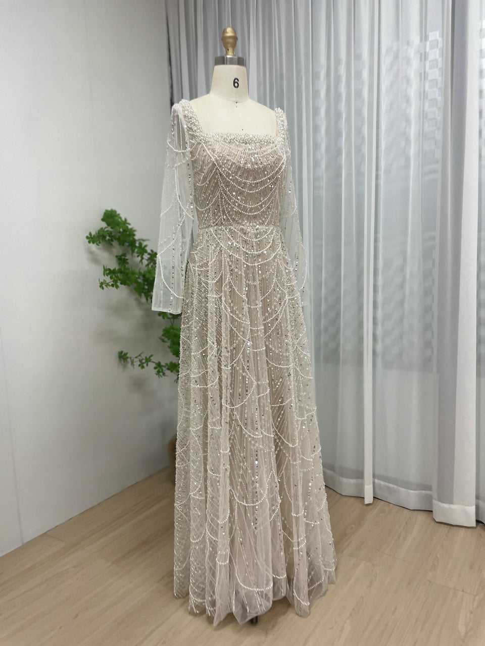 Modest Long Sleeve Square Neck Gown Beaded A-Line Formal Dress MY30081L