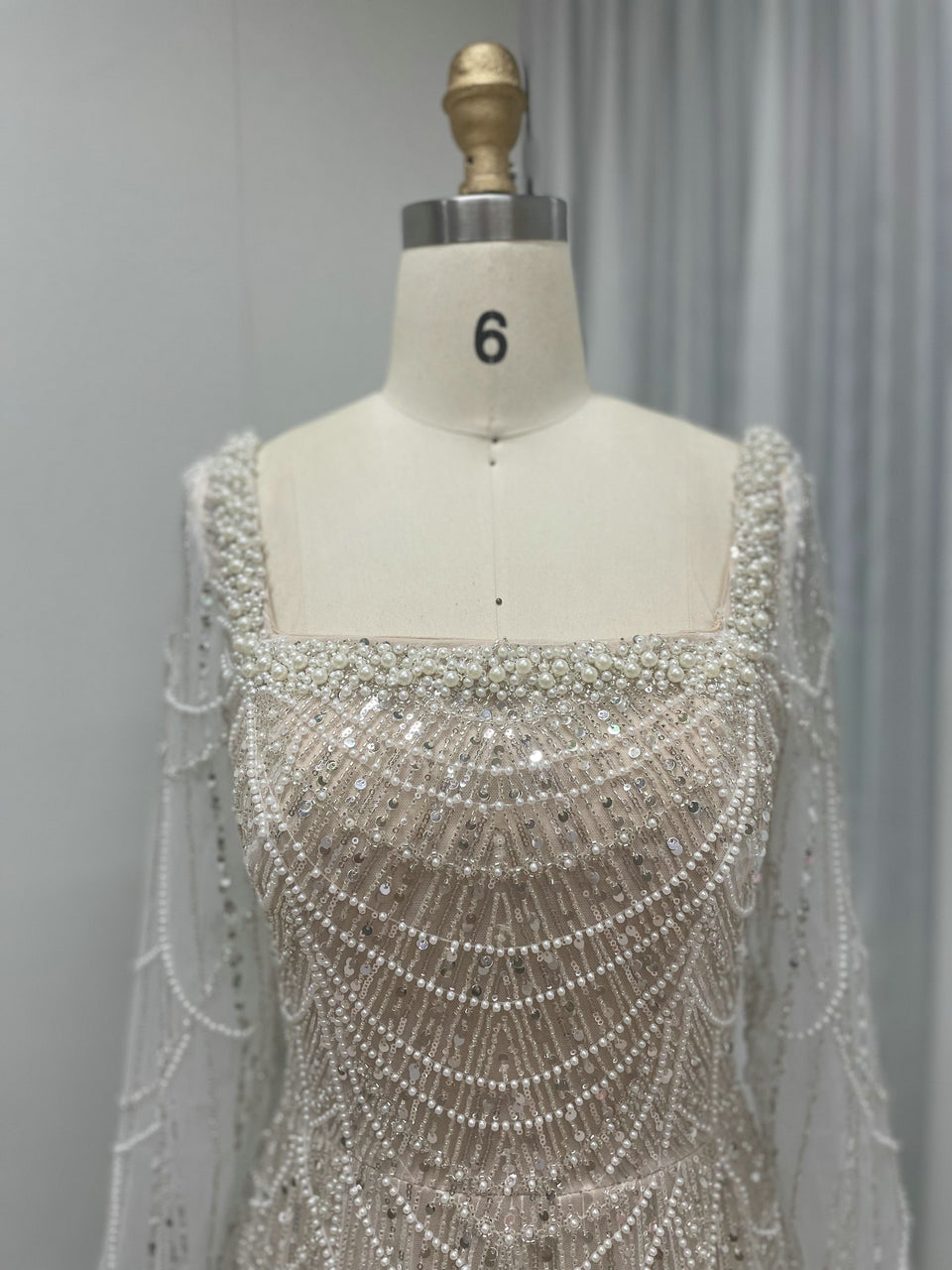 Modest Long Sleeve Square Neck Gown Beaded A-Line Formal Dress MY30081L