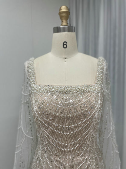 Modest Long Sleeve Square Neck Gown Beaded A-Line Formal Dress MY30081L