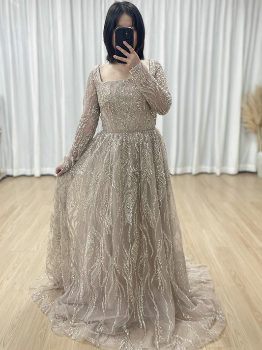 Pink Square Neck Long Sleeve Beaded A-Line Evening Gown Wedding Guest Dress MY30081L-3
