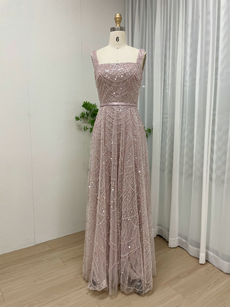 Blue Beaded A-Line Evening Gown - Square Neck Sequin Formal Dress MY30081