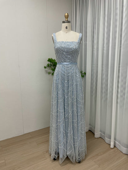 Blue Beaded A-Line Evening Gown - Square Neck Sequin Formal Dress MY30081