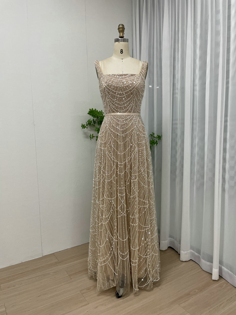 Blue Beaded A-Line Evening Gown - Square Neck Sequin Formal Dress MY30081