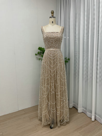 Blue Beaded A-Line Evening Gown - Square Neck Sequin Formal Dress MY30081