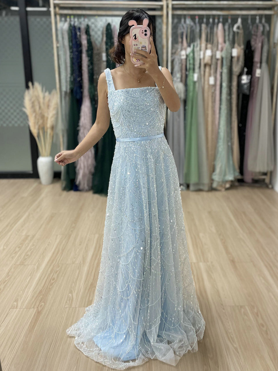 Blue Beaded A-Line Evening Gown - Square Neck Sequin Formal Dress MY30081