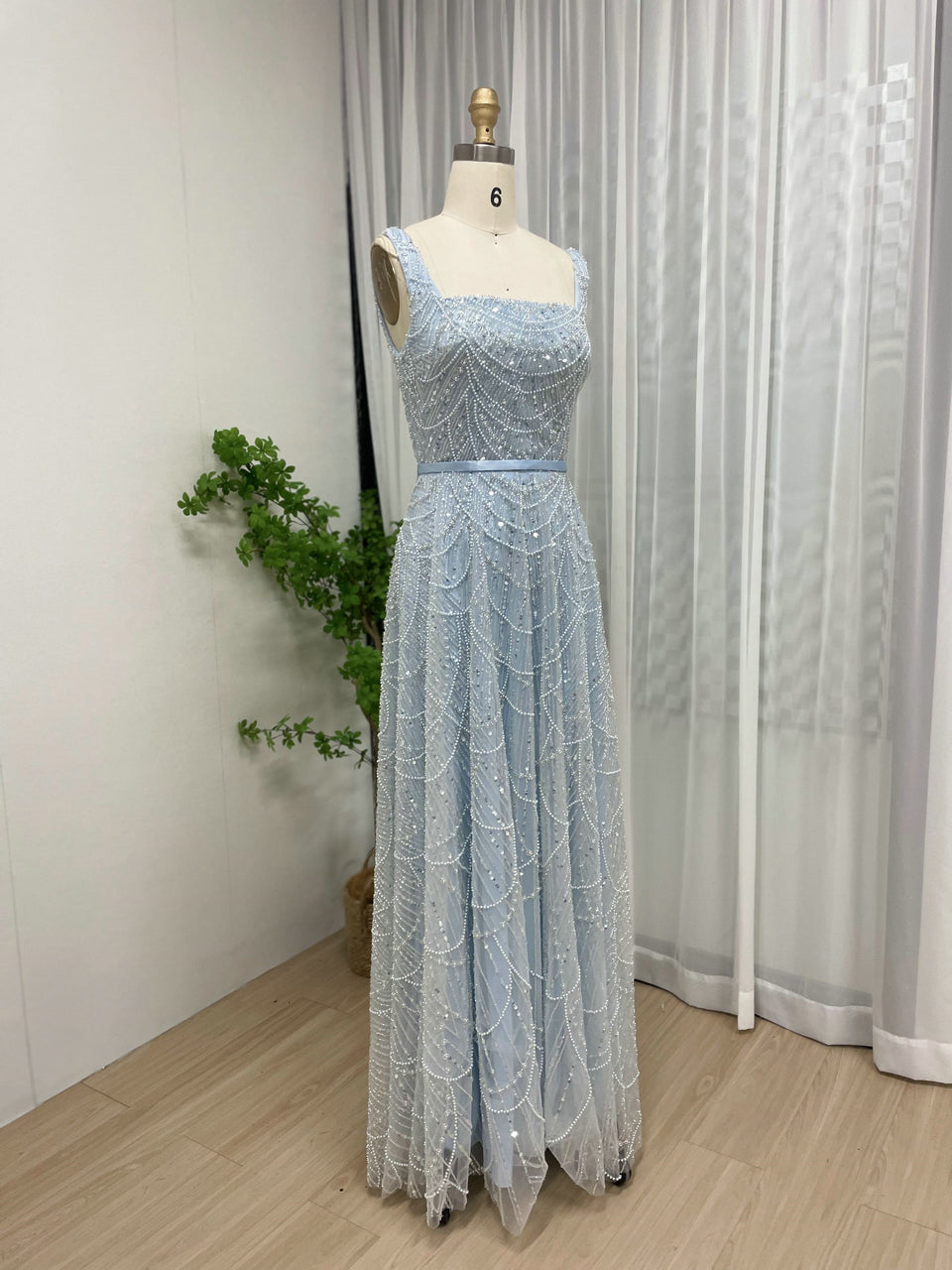 Blue Beaded A-Line Evening Gown - Square Neck Sequin Formal Dress MY30081