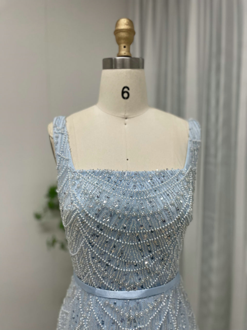 Blue Beaded A-Line Evening Gown - Square Neck Sequin Formal Dress MY30081