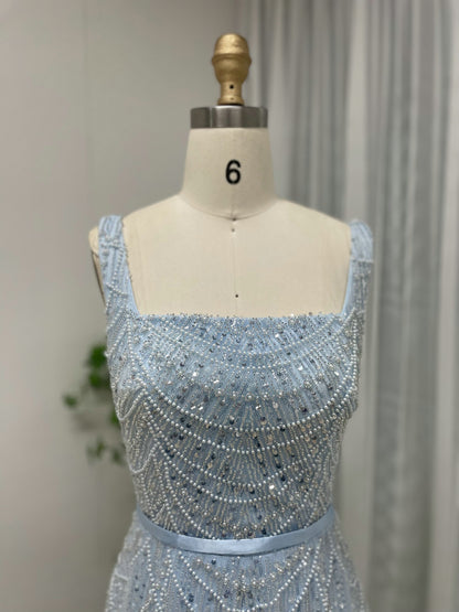 Blue Beaded A-Line Evening Gown - Square Neck Sequin Formal Dress MY30081