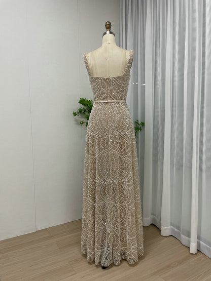Blue Beaded A-Line Evening Gown - Square Neck Sequin Formal Dress MY30081