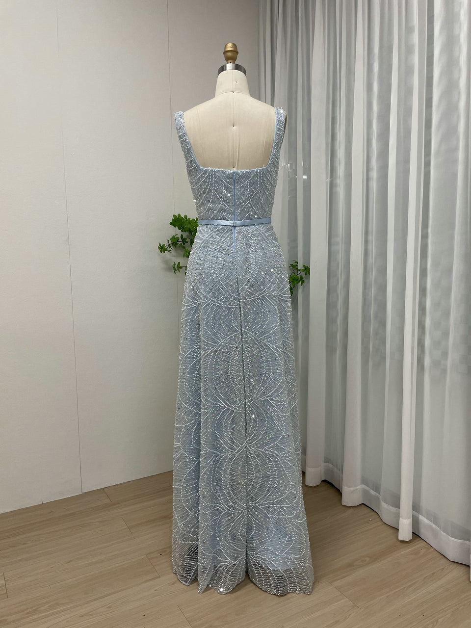 Blue Beaded A-Line Evening Gown - Square Neck Sequin Formal Dress MY30081