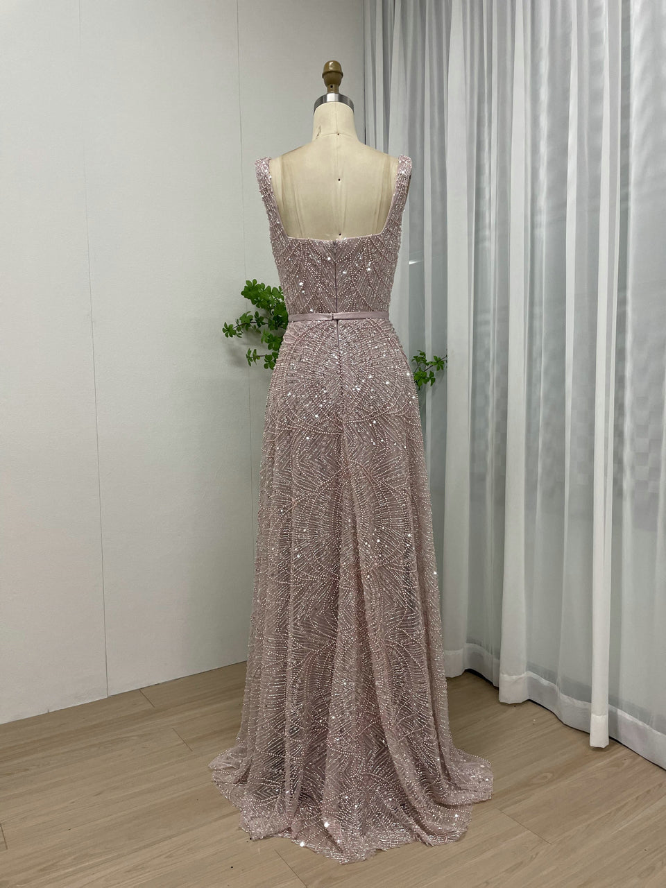 Blue Beaded A-Line Evening Gown - Square Neck Sequin Formal Dress MY30081