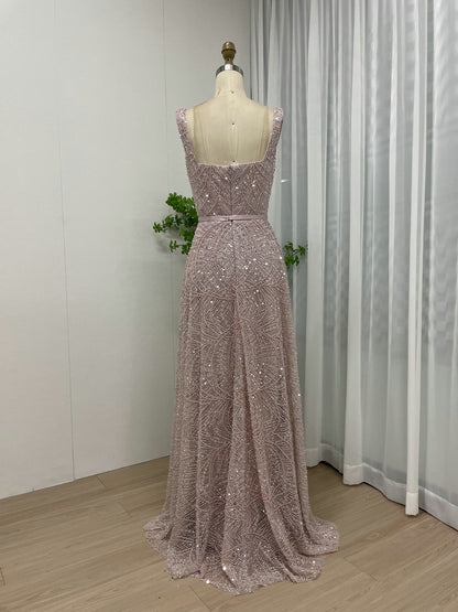 Blue Beaded A-Line Evening Gown - Square Neck Sequin Formal Dress MY30081