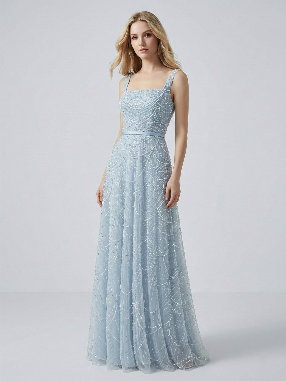 Blue Beaded A-Line Evening Gown - Square Neck Sequin Formal Dress MY30081