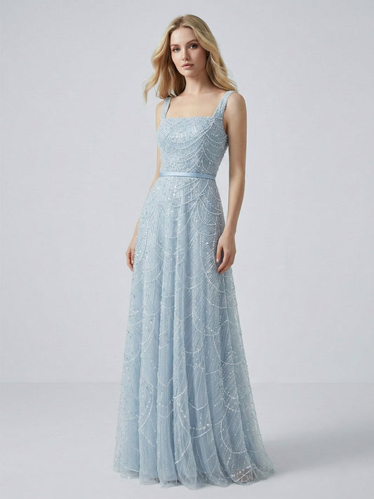 Blue Beaded A-Line Evening Gown - Square Neck Sequin Formal Dress MY30081