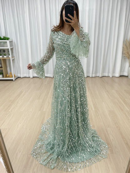 Elegant Sequined Flared Sleeves Flowing Skirt Luxury Evening Wear for Special Occasions MY30089-2