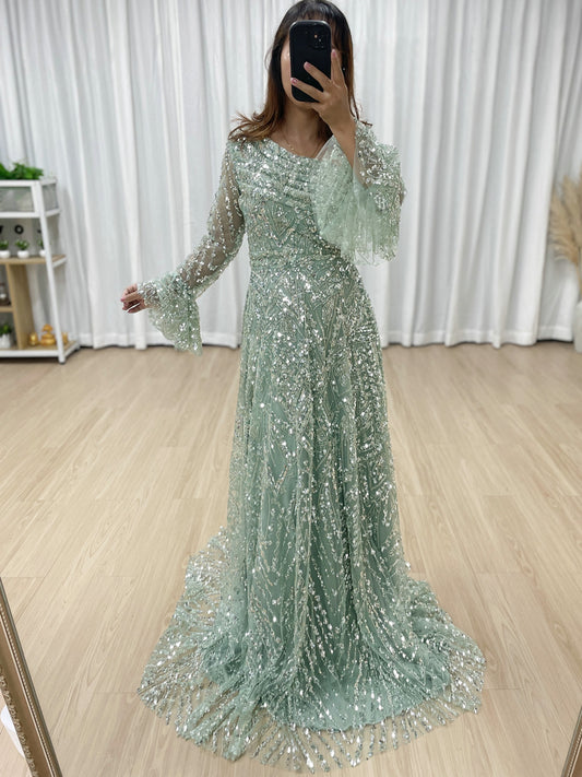 Elegant Sequined Flared Sleeves Flowing Skirt Luxury Evening Wear for Special Occasions MY30089-2