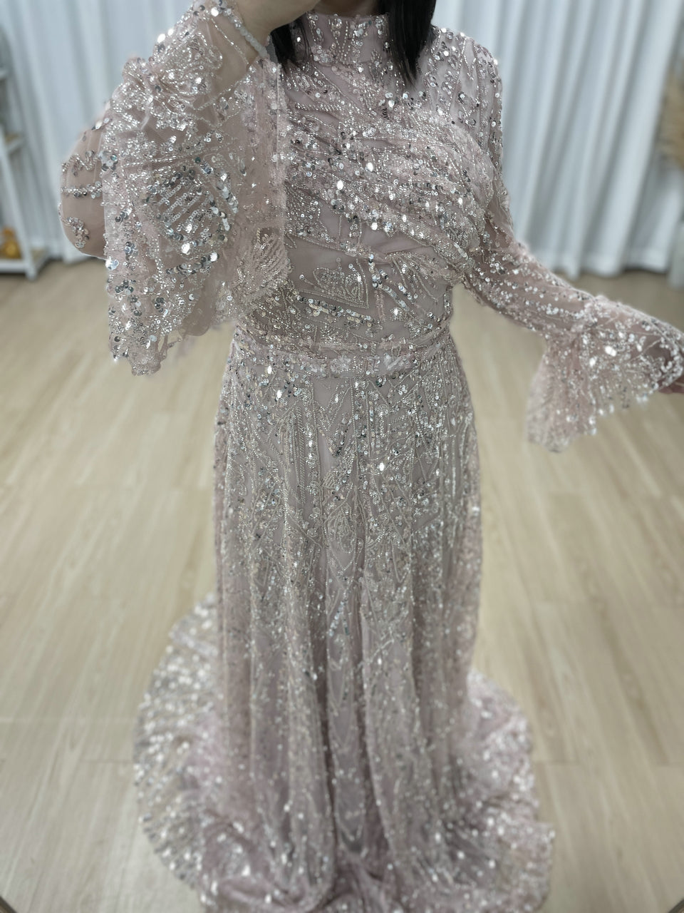 Long Sleeve Sequined A-Line Gown with High Neckline and Ruffled Cuff MY30089-3