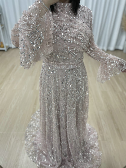 Long Sleeve Sequined A-Line Gown with High Neckline and Ruffled Cuff MY30089-3
