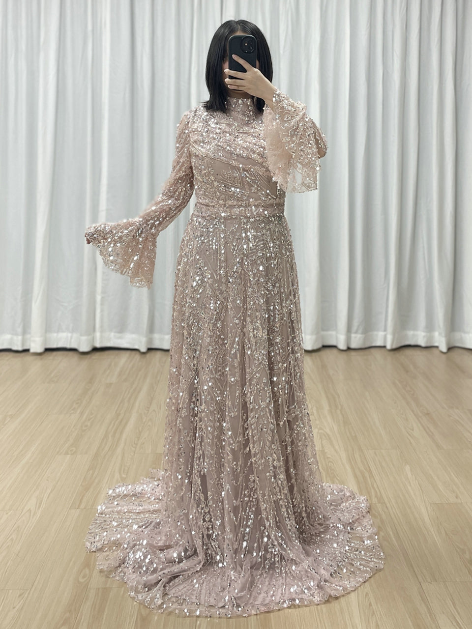 Long Sleeve Sequined A-Line Gown with High Neckline and Ruffled Cuff MY30089-3
