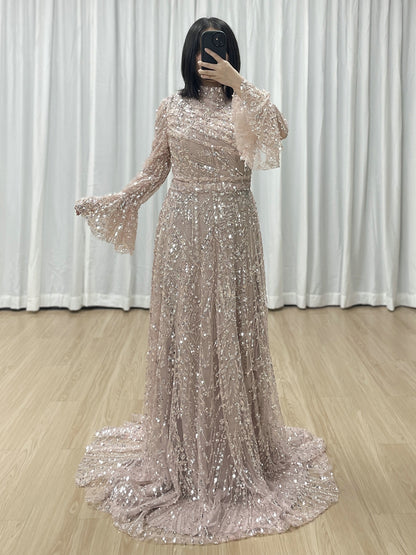 Long Sleeve Sequined A-Line Gown with High Neckline and Ruffled Cuff MY30089-3