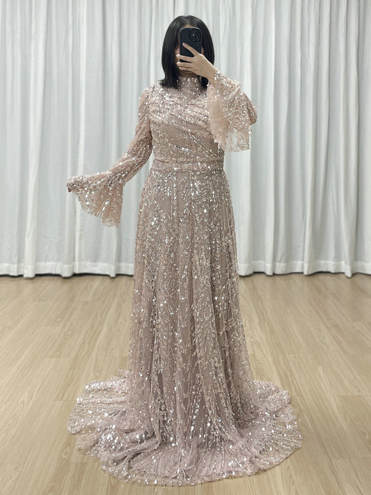 Long Sleeve Sequined A-Line Gown with High Neckline and Ruffled Cuff MY30089-3