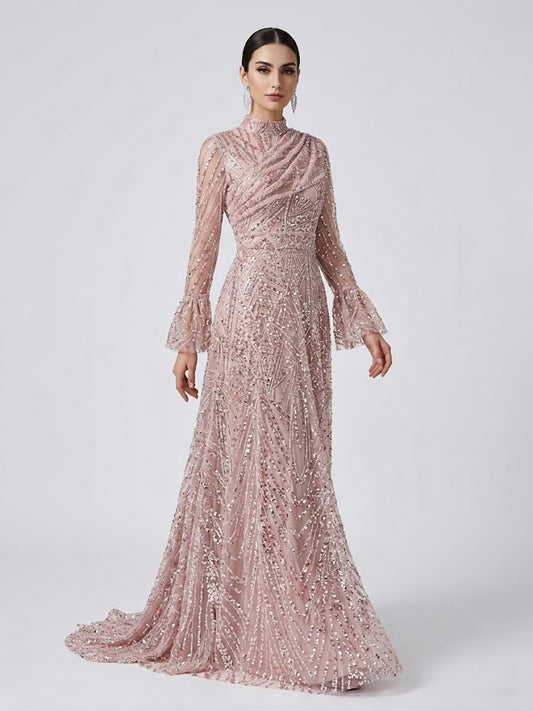 Pink Sequin High Neck Evening Gown with Long Sleeves MY30089-3
