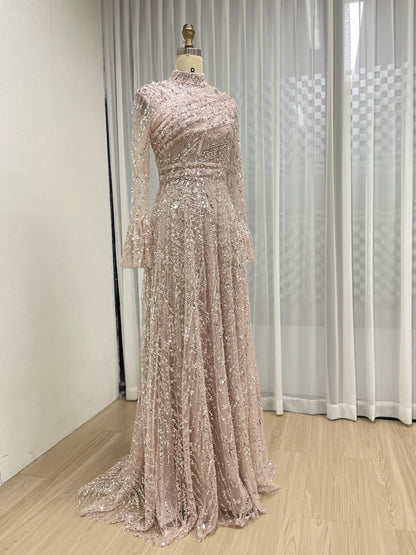 Long Sleeve Sequined A-Line Gown with High Neckline and Ruffled Cuff MY30089-3