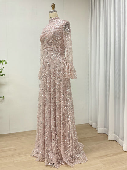 Long Sleeve Sequined A-Line Gown with High Neckline and Ruffled Cuff MY30089-3