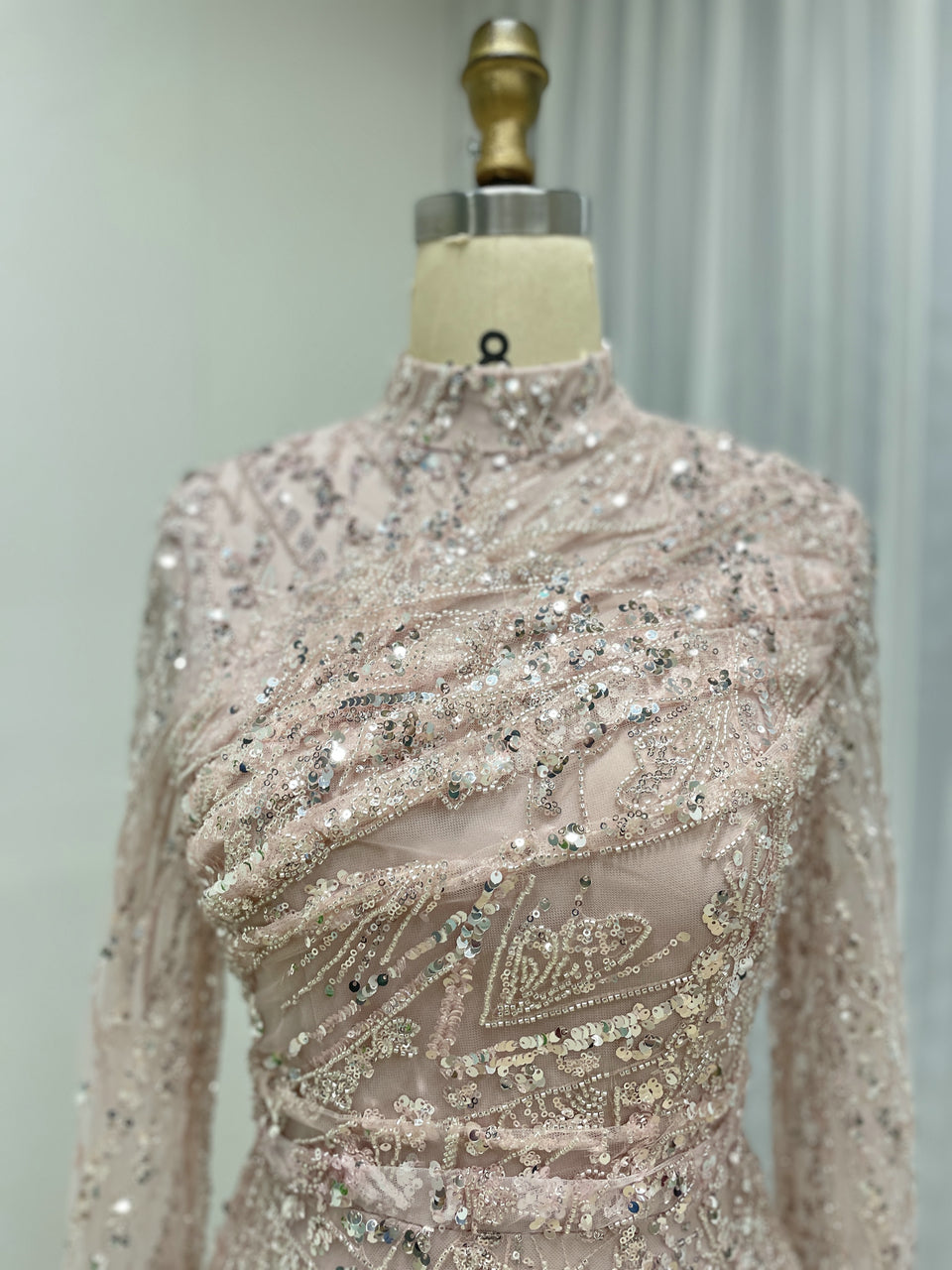 Long Sleeve Sequined A-Line Gown with High Neckline and Ruffled Cuff MY30089-3