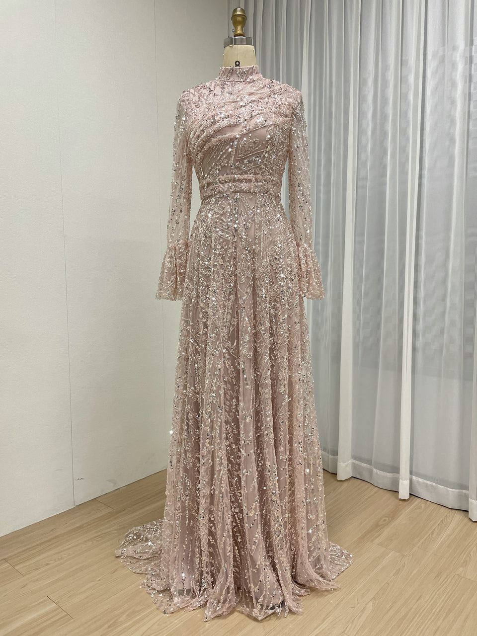 Long Sleeve Sequined A-Line Gown with High Neckline and Ruffled Cuff MY30089-3