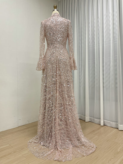 Long Sleeve Sequined A-Line Gown with High Neckline and Ruffled Cuff MY30089-3