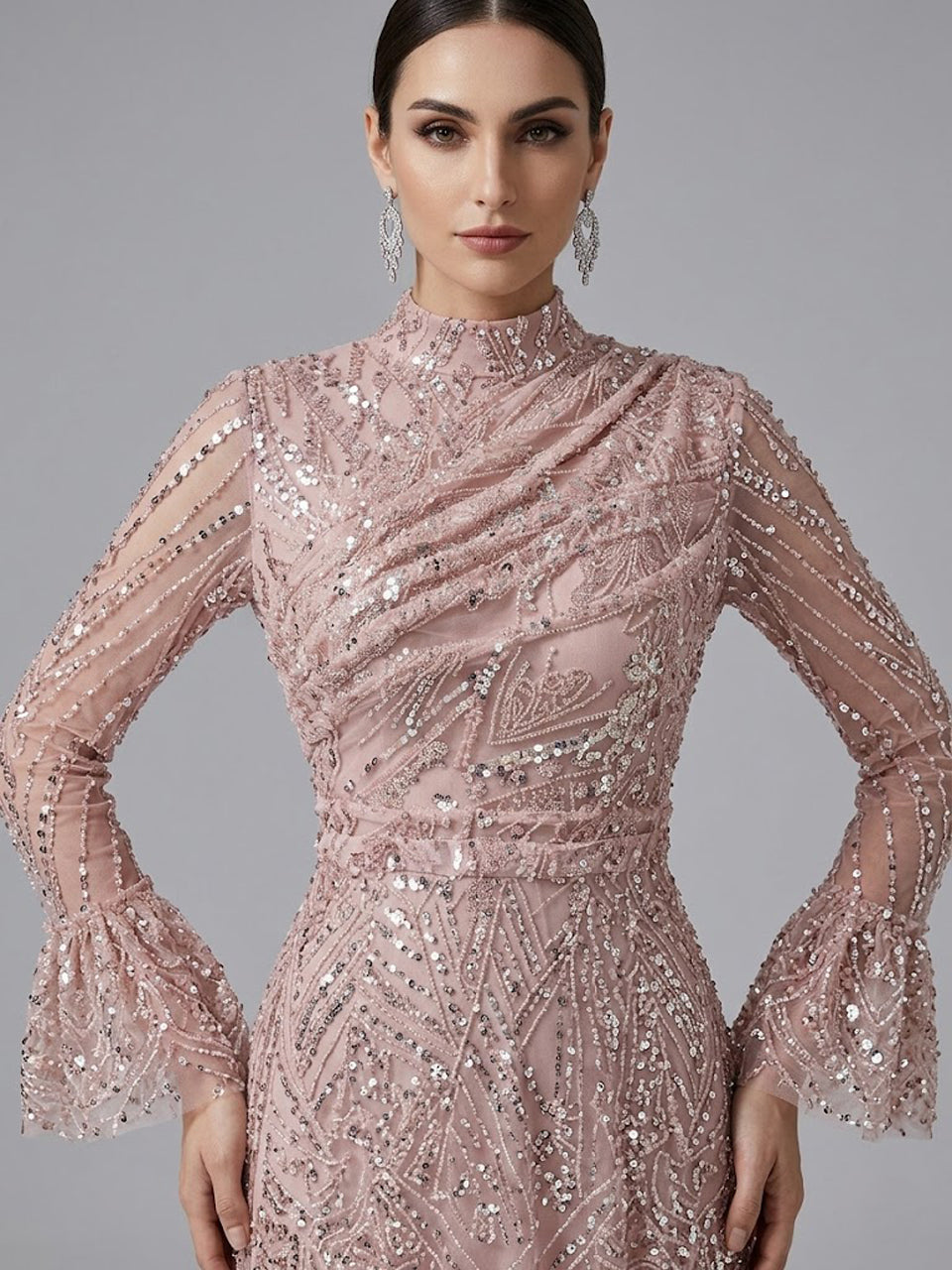 Pink Sequin High Neck Evening Gown with Long Sleeves MY30089-3