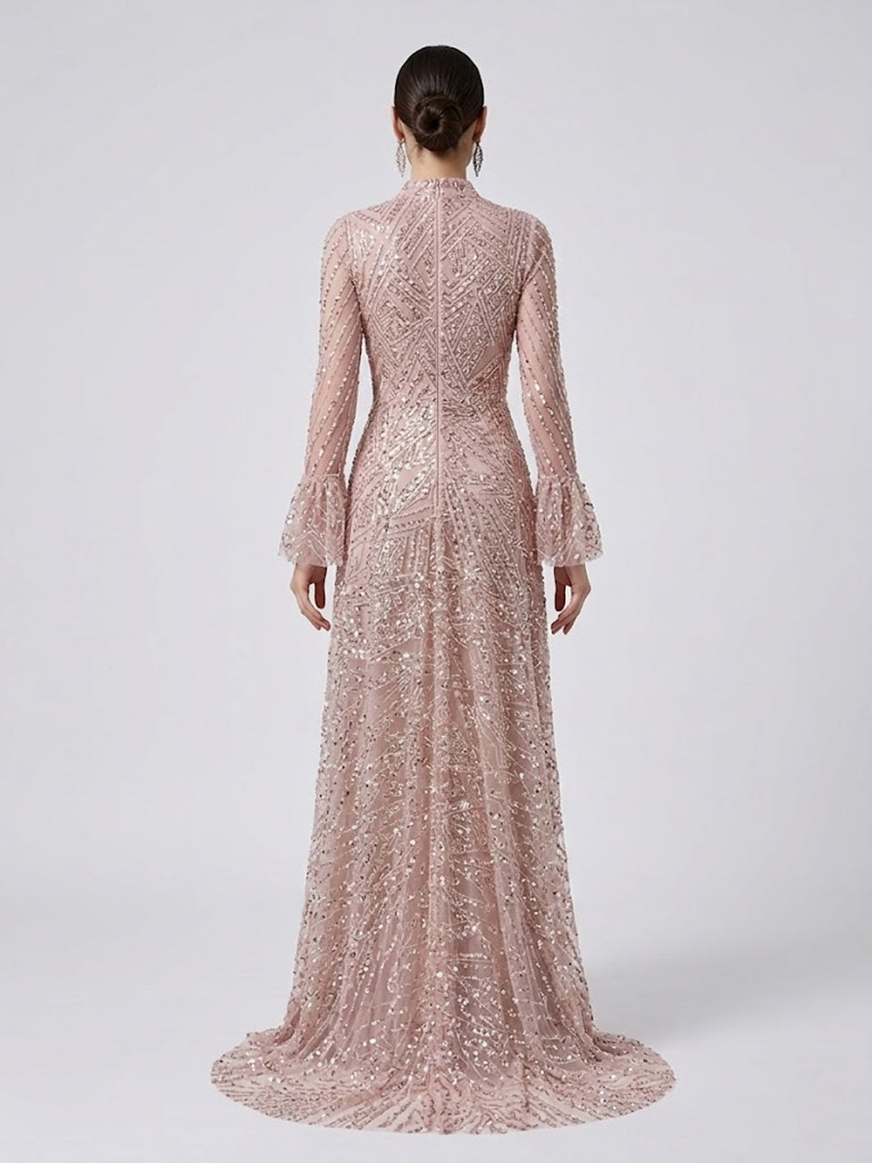 Pink Sequin High Neck Evening Gown with Long Sleeves MY30089-3