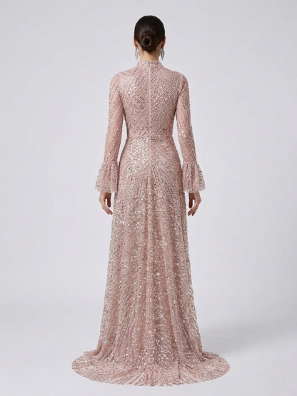 Pink Sequin High Neck Evening Gown with Long Sleeves MY30089-3