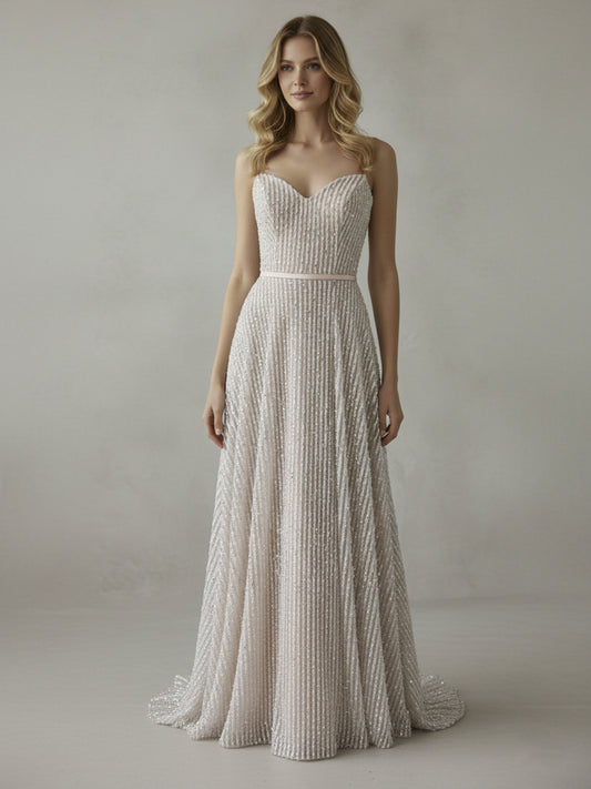 White A-Line Sparkle Prom Dress Sweetheart Full Length Gown MY30090