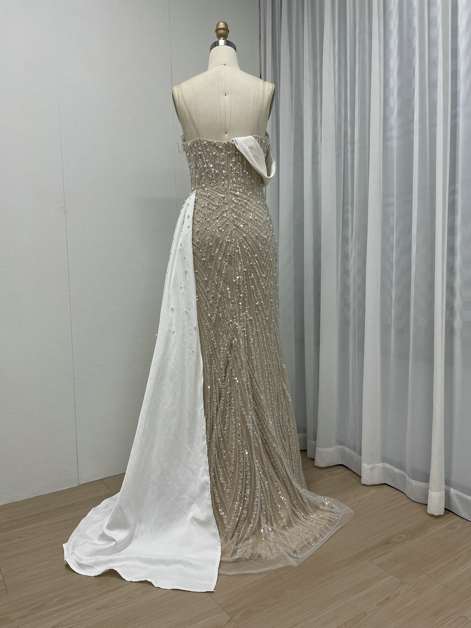 Sage Green Beaded Evening Gown with Asymmetrical Drape & Pearl Train MY30093-2