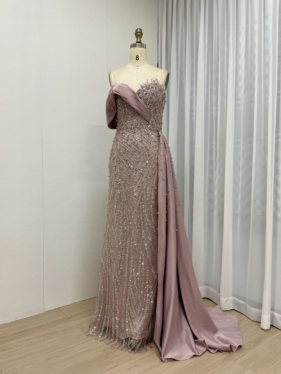Sage Green Beaded Evening Gown with Asymmetrical Drape & Pearl Train MY30093-2