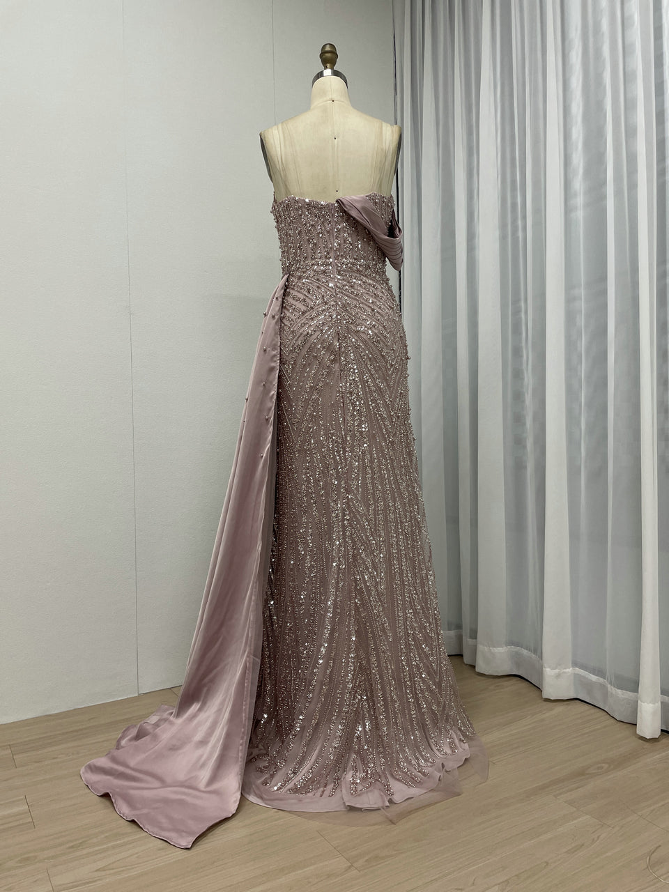 Sage Green Beaded Evening Gown with Asymmetrical Drape & Pearl Train MY30093-2
