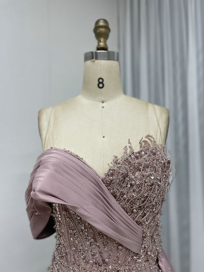 Sage Green Beaded Evening Gown with Asymmetrical Drape & Pearl Train MY30093-2