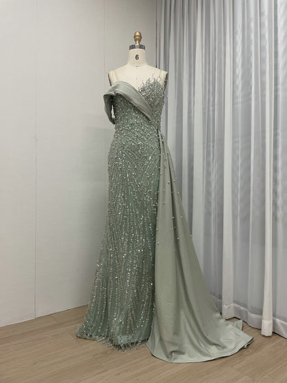Sage Green Beaded Evening Gown with Asymmetrical Drape & Pearl Train MY30093-2