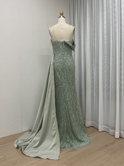 Sage Green Beaded Evening Gown with Asymmetrical Drape & Pearl Train MY30093-2