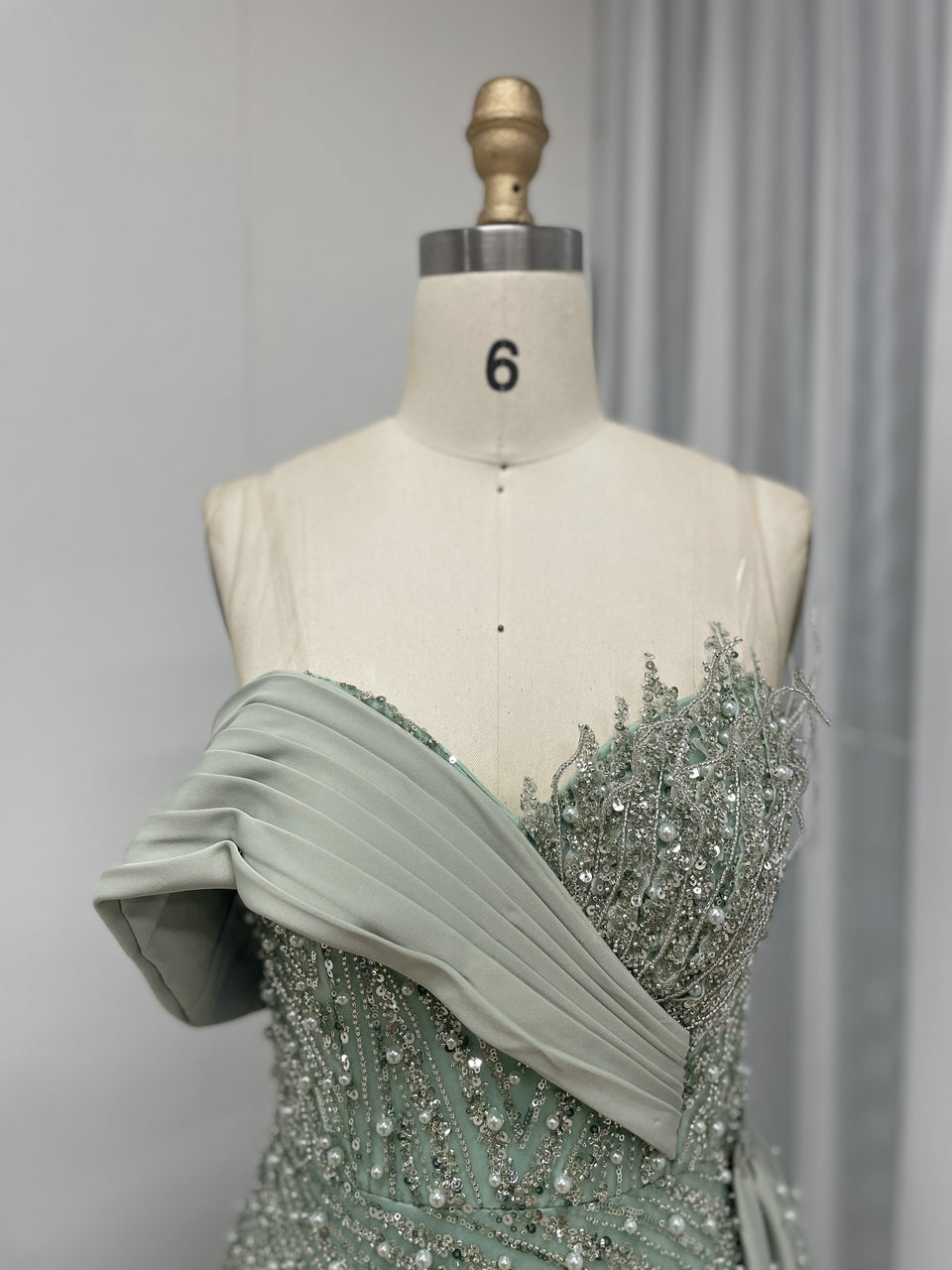 Sage Green Beaded Evening Gown with Asymmetrical Drape & Pearl Train MY30093-2