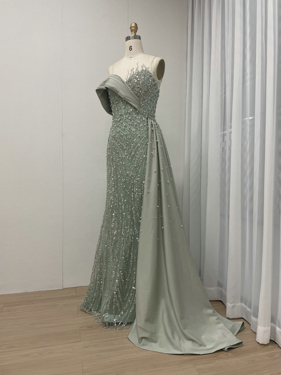 Sage Green Beaded Evening Gown with Asymmetrical Drape & Pearl Train MY30093-2