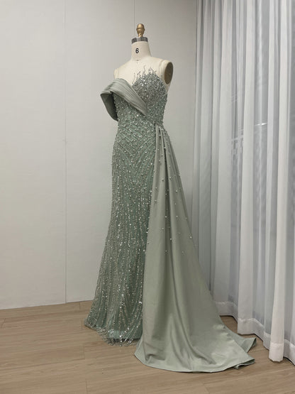 Sage Green Beaded Evening Gown with Asymmetrical Drape & Pearl Train MY30093-2